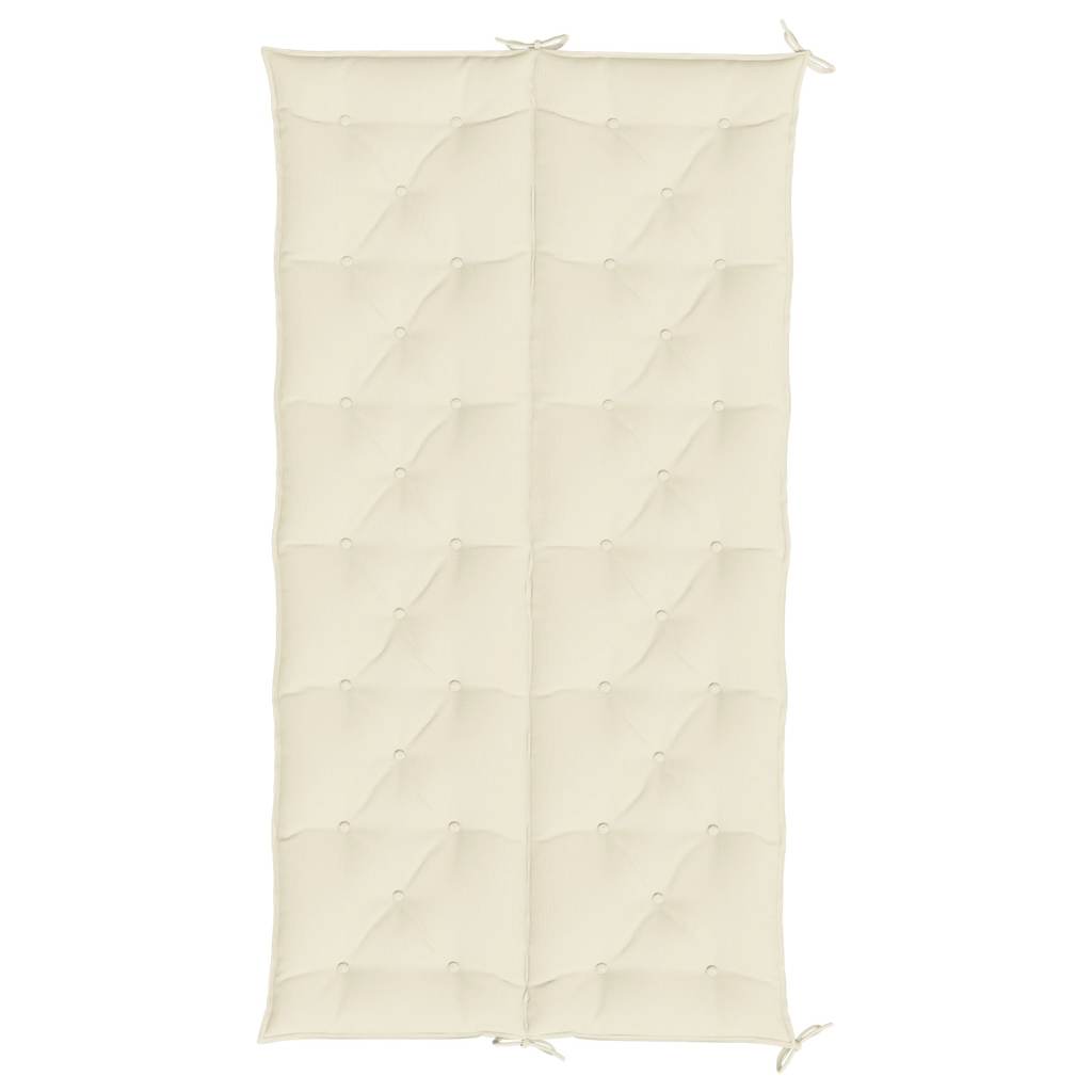 Cream white garden bench cushion in Oxford fabric with quilted design and ties, 78.7x39.4x2.8 inches.