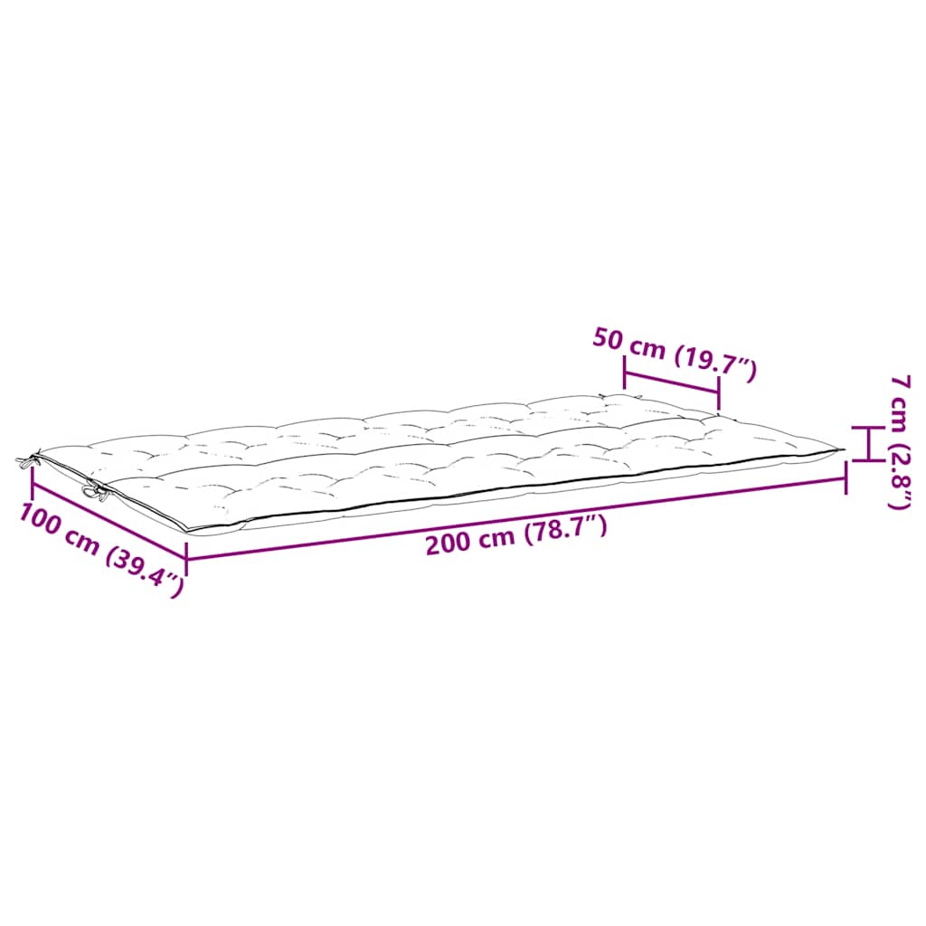 Diagram of a cream white garden bench cushion measuring 200 cm long, 100 cm wide, and 7 cm thick, with tufted surface.