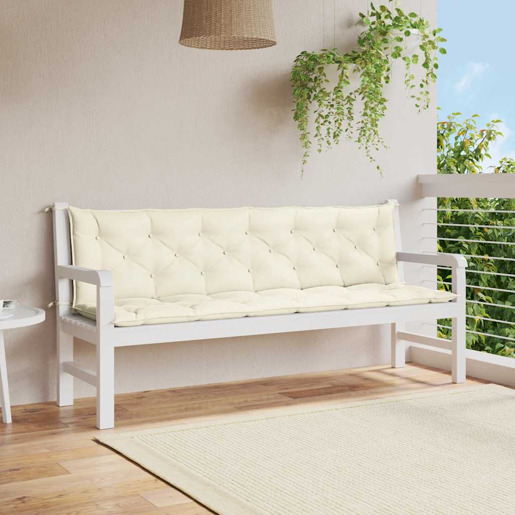 Cream white garden bench cushion in Oxford fabric with tufted design and ties.