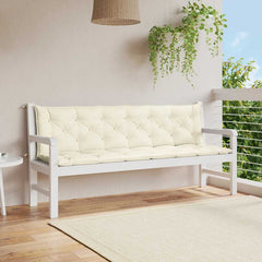 Cream white garden bench cushion in Oxford fabric with tufted design and ties.