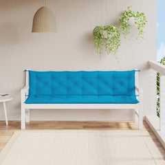 Light blue Oxford fabric garden bench cushion on a white outdoor bench.