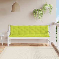 Bright green Oxford fabric garden bench cushion on white bench, with ties and balcony setting.