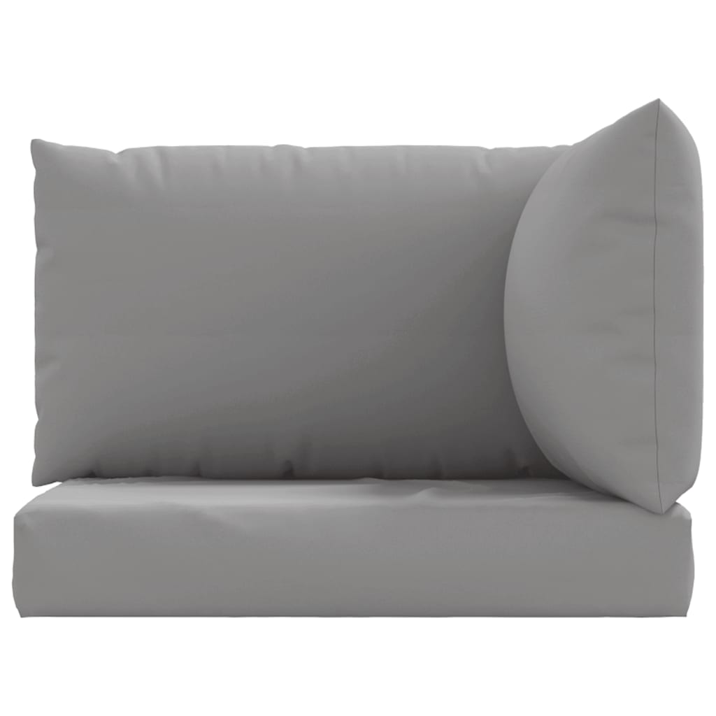 Set of three gray Oxford fabric pallet cushions with seat, back, and side support cushions.