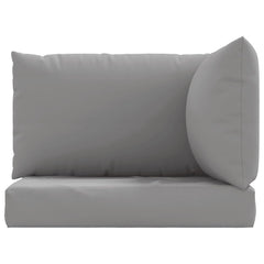 Set of three gray Oxford fabric pallet cushions with seat, back, and side support cushions.