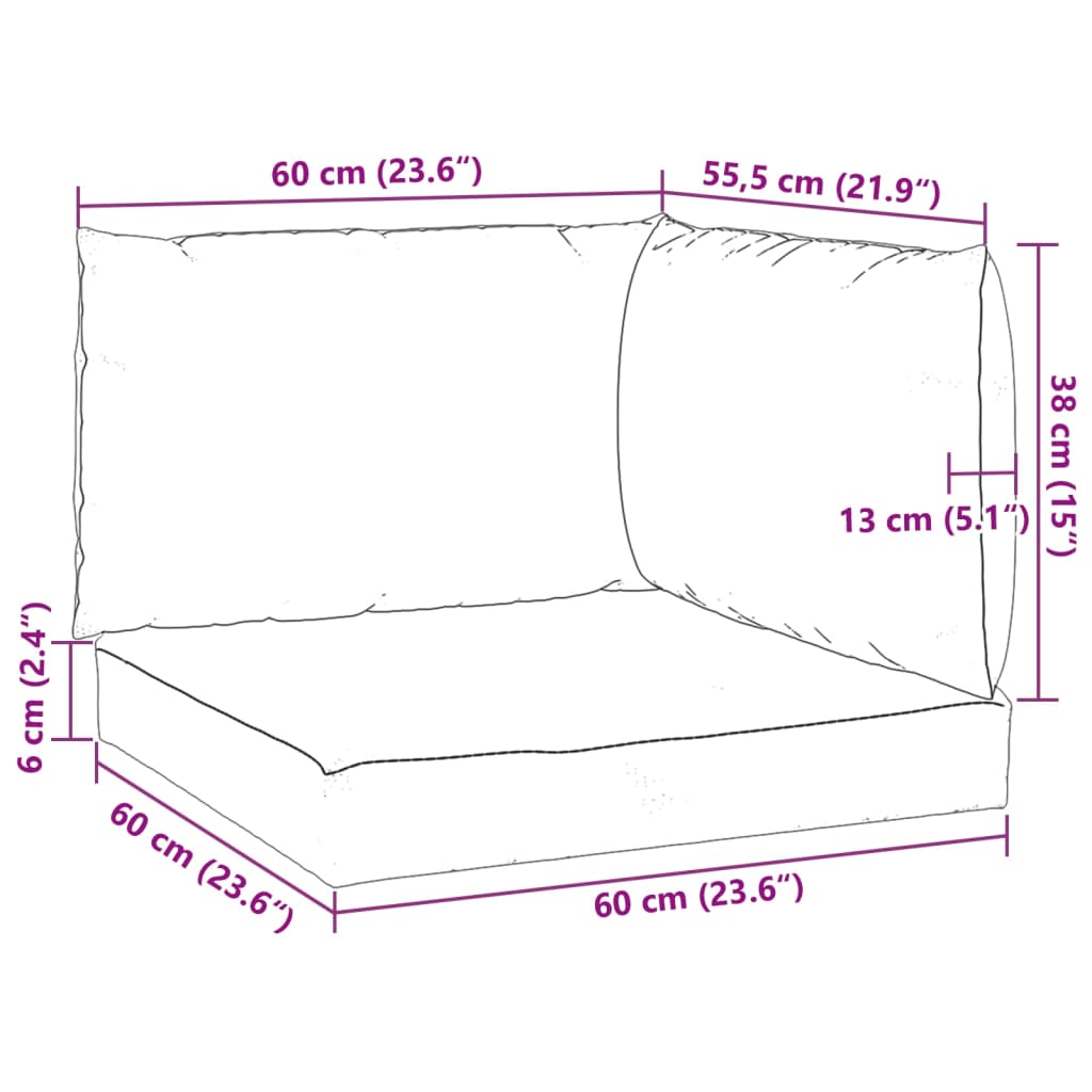 Set of three gray Oxford fabric pallet cushions with seat, back, and side dimensions shown.