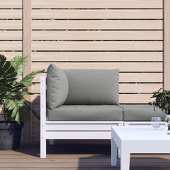 Set of three gray Oxford fabric pallet cushions with soft, supportive filling for outdoor use.