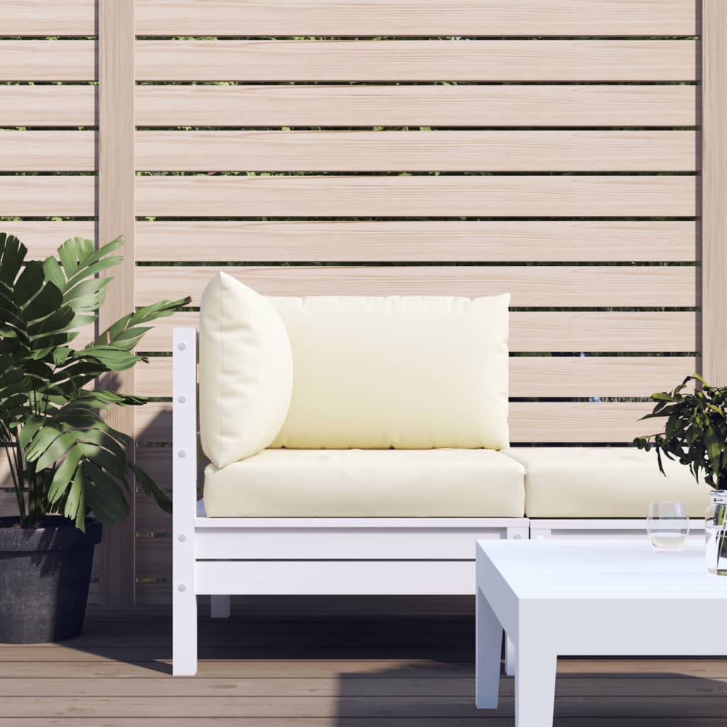 Cream white Oxford fabric 3-piece pallet cushion set with seat, back, and side pillows.
