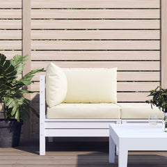 Cream white Oxford fabric 3-piece pallet cushion set with seat, back, and side pillows.