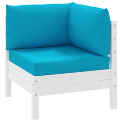 A light blue, three-piece pallet cushion set on a white wooden frame.