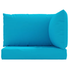 A three-piece set of light blue pallet cushions, including two back cushions and one seat cushion.