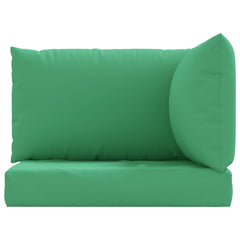 Three-piece set of green Oxford fabric pallet cushions with seat, back, and side cushions.