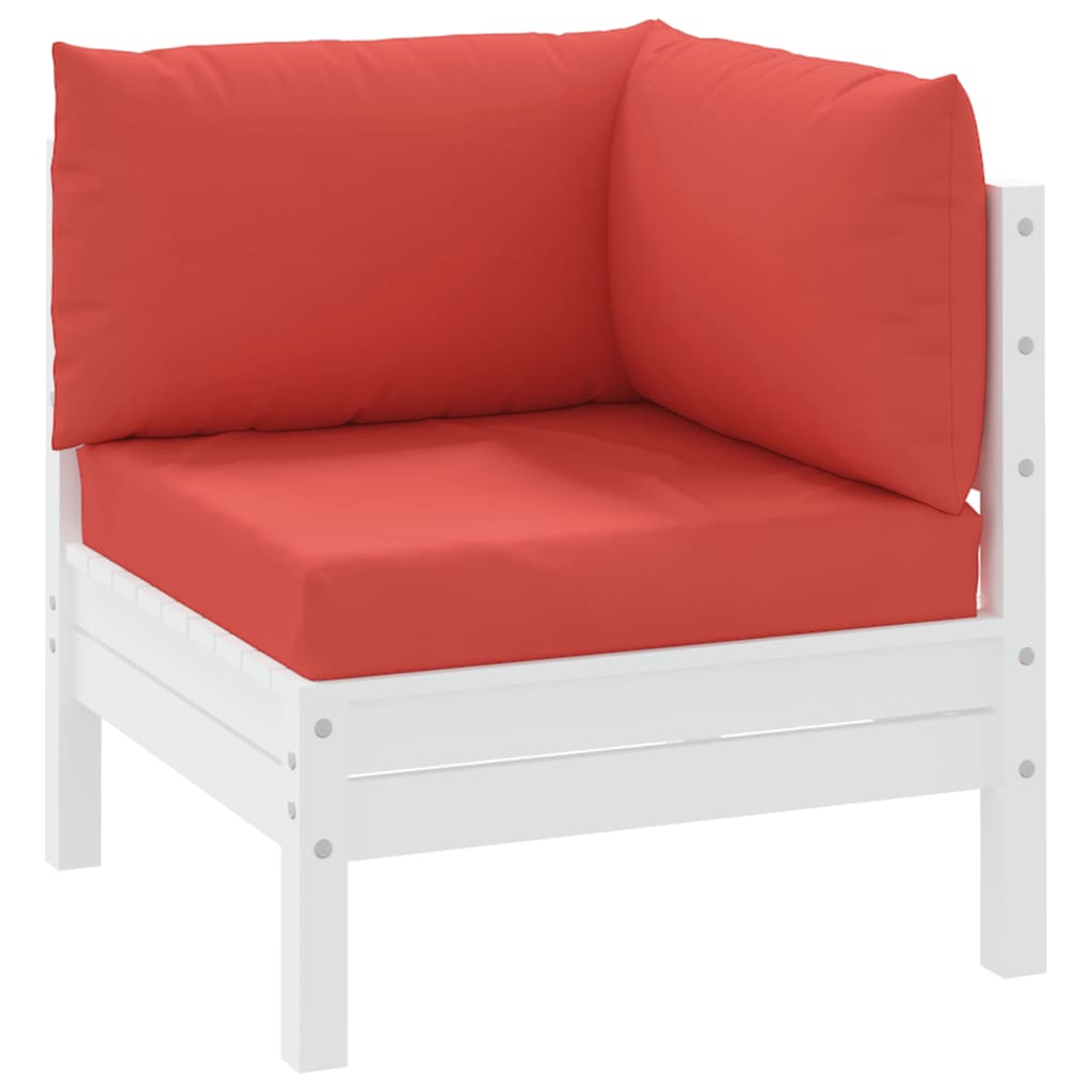 Set of three red Oxford fabric cushions for pallet furniture, including seat, back, and corner pieces.