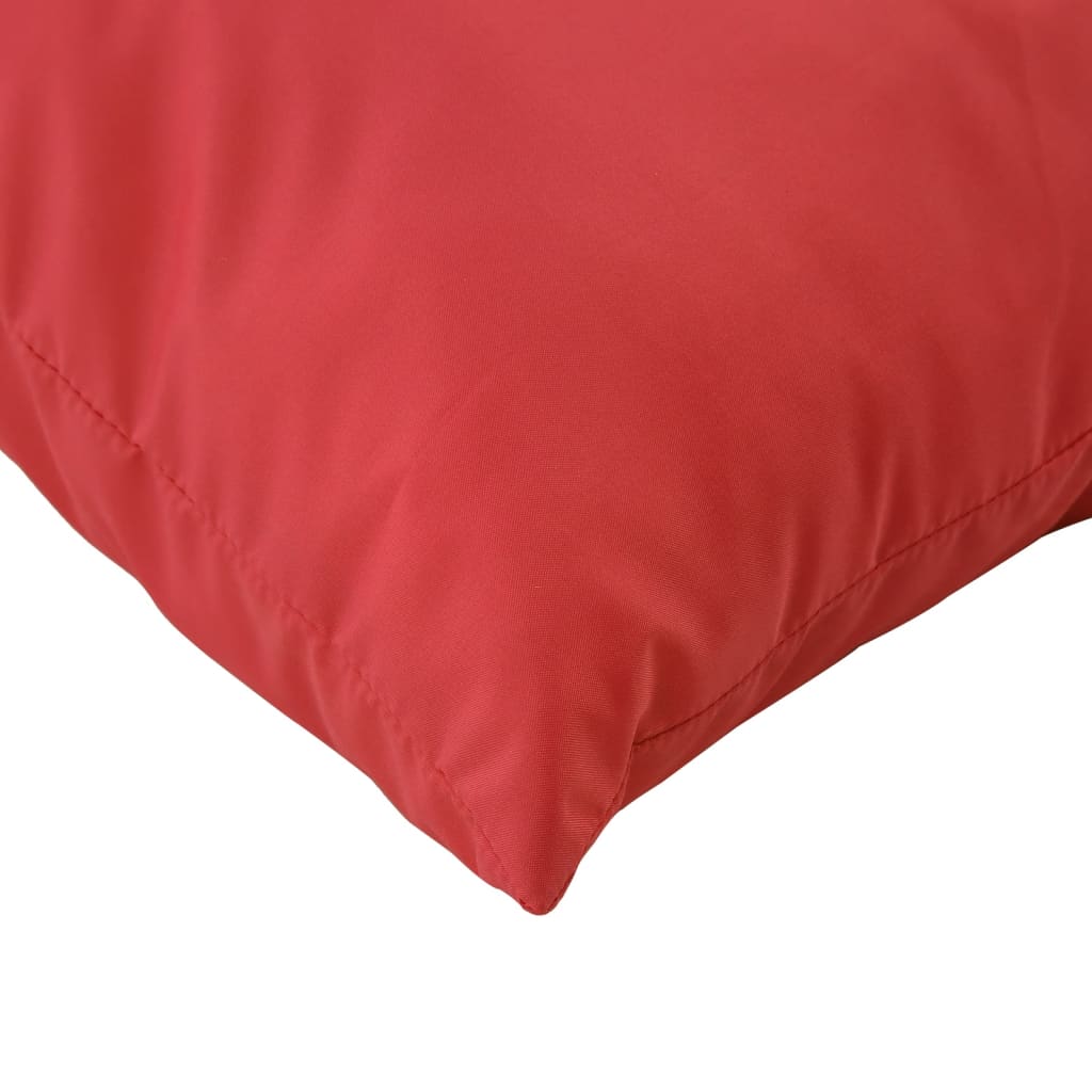 Set of three red Oxford fabric cushions for pallet furniture, including seat, back, and side.