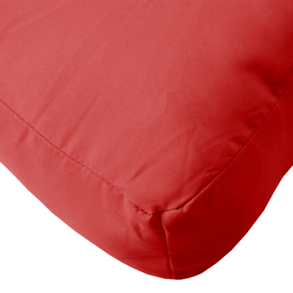 Set of three red Oxford fabric cushions for pallet furniture, including seat, back, and side.