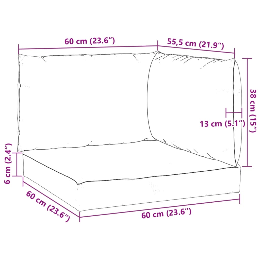 Diagram of Bostome red Oxford fabric pallet cushions set of 3, showing dimensions: 60 cm wide, 55.5 cm high, 13 cm thick.