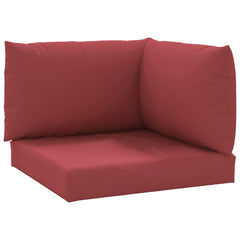 Three-piece wine red Oxford fabric pallet cushion set with seat, back, and side cushions.