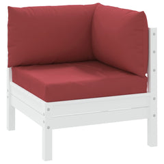 A 3-piece set of wine red Oxford fabric cushions for pallet sofas, including seat, back, and corner pieces on a white wooden frame.