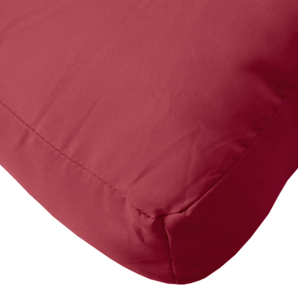 A 3-piece set of wine red Oxford fabric pallet cushions with seat, back, and side pillows.
