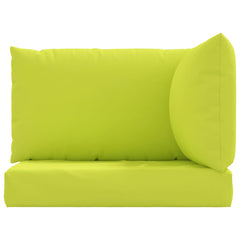Bright green Oxford fabric pallet cushions, 3-piece set with seat, back, and side pillows.