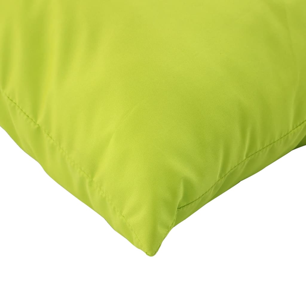 Bright green Oxford fabric pallet cushions, 3-piece set with seat, back, and side pillows.