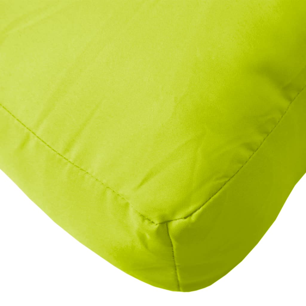 Bright green Oxford fabric pallet cushions, 3-piece set with seat, back, and side pillows.