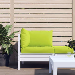 Bright green Oxford fabric pallet cushions set with three pieces on white outdoor sofa.