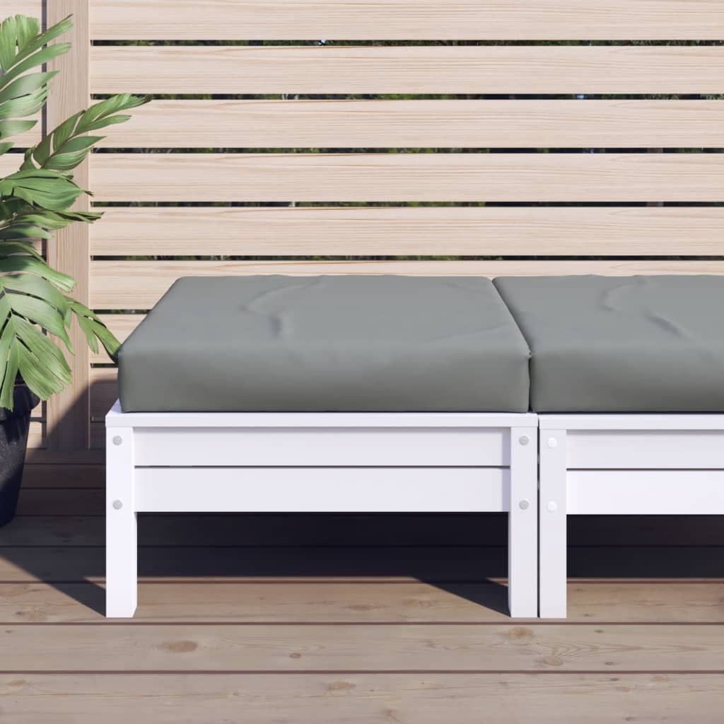 Gray Oxford fabric pallet cushion with water-resistant properties on a white wooden frame.