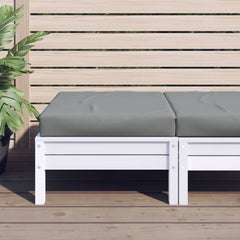 Gray Oxford fabric pallet cushion with water-resistant properties on a white wooden frame.
