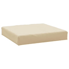 A beige Oxford fabric pallet cushion, water-resistant and square-shaped.