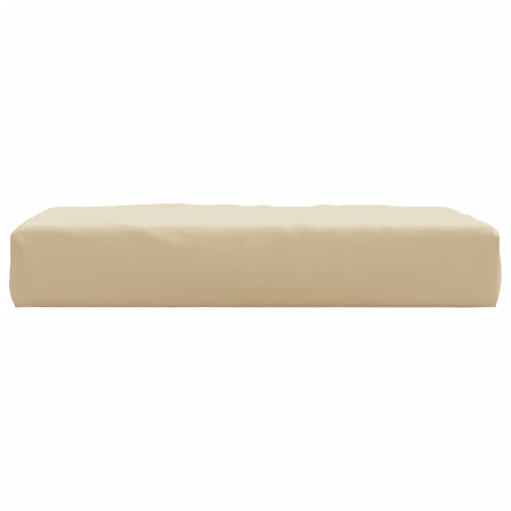 Beige Oxford fabric pallet cushion, water-resistant and rectangular.