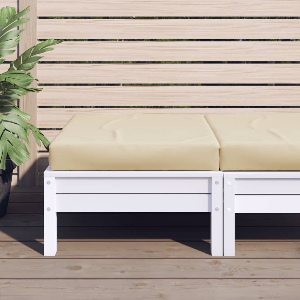 Beige water-resistant Oxford fabric cushion on white pallet bench with plants.