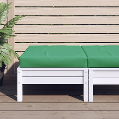 Green water-resistant Oxford fabric cushion on white wooden pallet bench outdoors.
