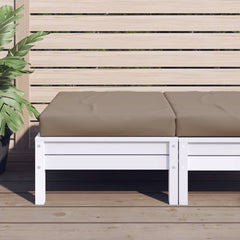 Taupe Oxford fabric pallet cushion, 23.6x23.6x2.4 inches, on white pallet with plants.
