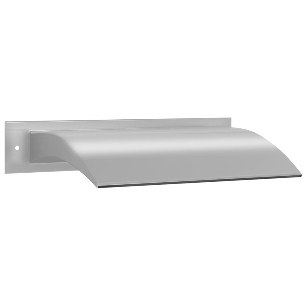 Silver stainless steel pool fountain with curved spout and mounting plate, 17.7x10.2x5.1 inches.
