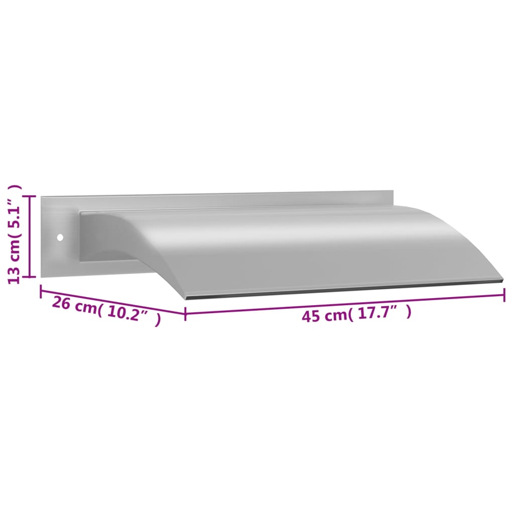 Silver stainless steel pool fountain with curved spout, measuring 17.7 by 10.2 by 5.1 inches.