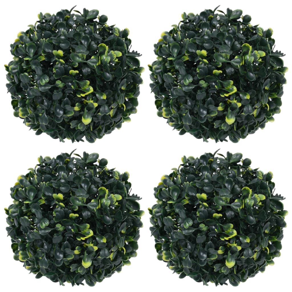 Four 4.7-inch green artificial boxwood balls made of polyethylene.