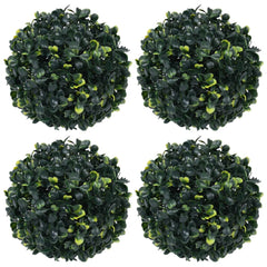 Four 4.7-inch green artificial boxwood balls made of polyethylene.