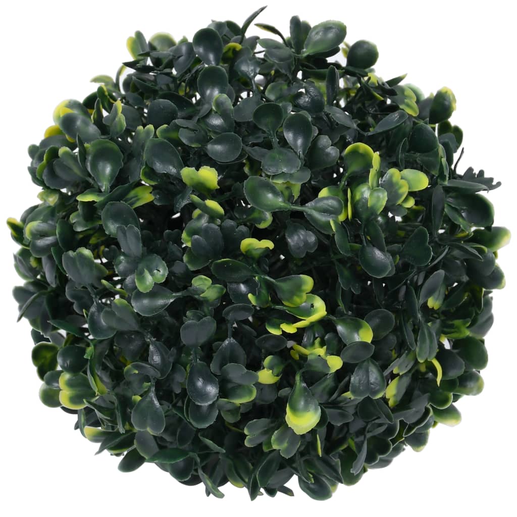 Four 4.7-inch artificial green boxwood balls made of polyethylene.