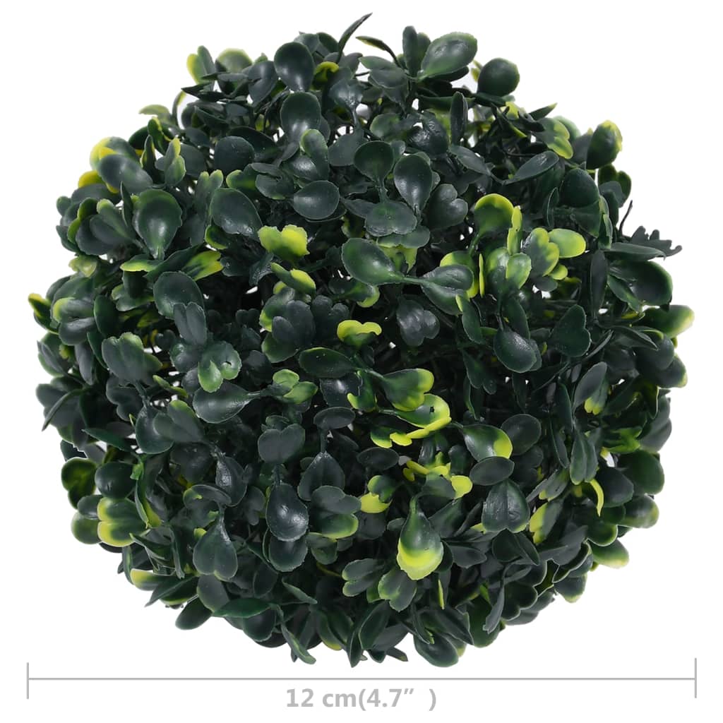 Four 4.7-inch artificial green boxwood balls made of polyethylene.