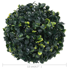 Four 4.7-inch artificial green boxwood balls made of polyethylene.