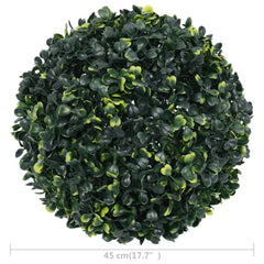 Two 17.7-inch green artificial boxwood balls made of polyethylene.