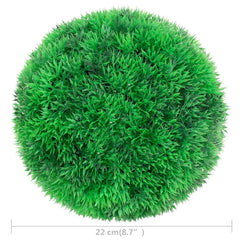 Two 8.7-inch green artificial boxwood balls made of polyethylene.