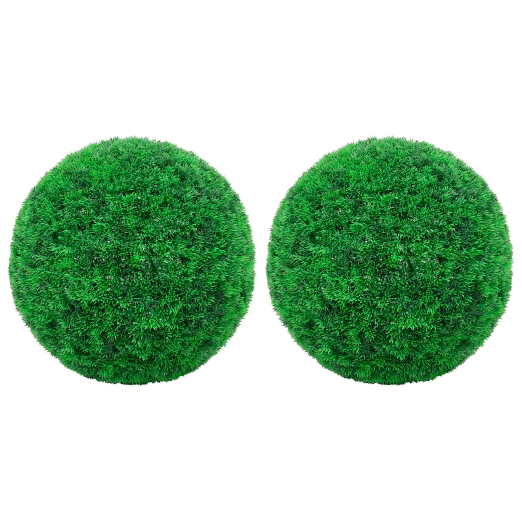 Two green artificial boxwood balls, each 17.7 inches in diameter, made of polyethylene.