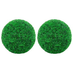 Two green artificial boxwood balls, each 17.7 inches in diameter, made of polyethylene.