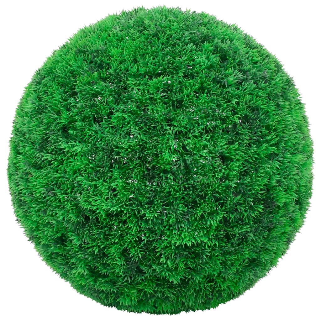 Two green artificial boxwood balls, 17.7 inches in diameter, made of polyethylene.