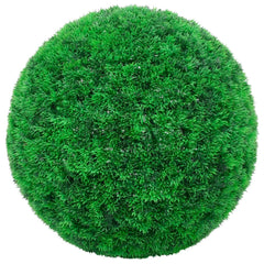 Two green artificial boxwood balls, 17.7 inches in diameter, made of polyethylene.
