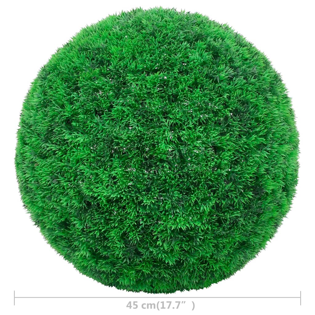 Two green artificial boxwood balls, 17.7 inches in diameter, made of polyethylene.