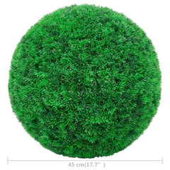 Two green artificial boxwood balls, 17.7 inches in diameter, made of polyethylene.