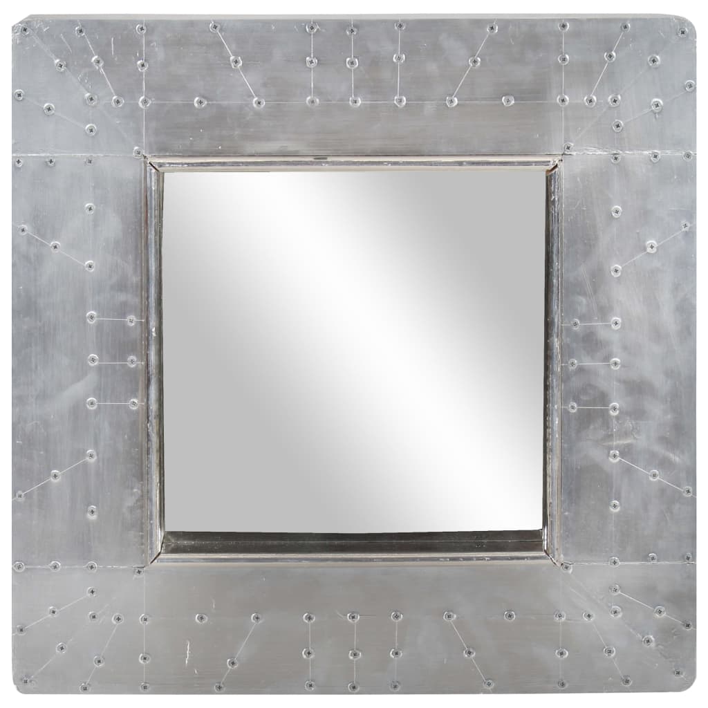 Square silver metal aviator mirror with rivet details, 19.7x19.7 inches.