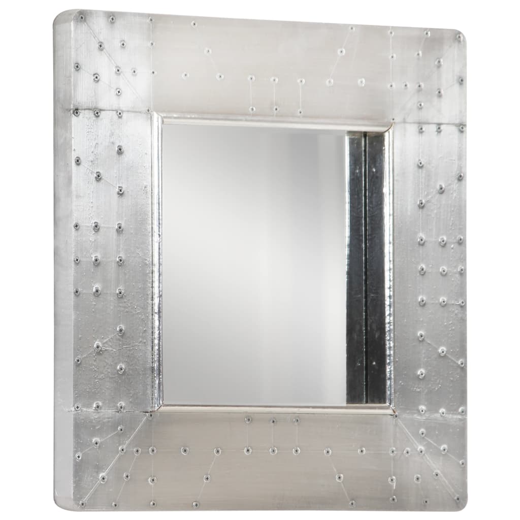 Square silver metal aviator mirror with rivet details, 19.7x19.7 inches.